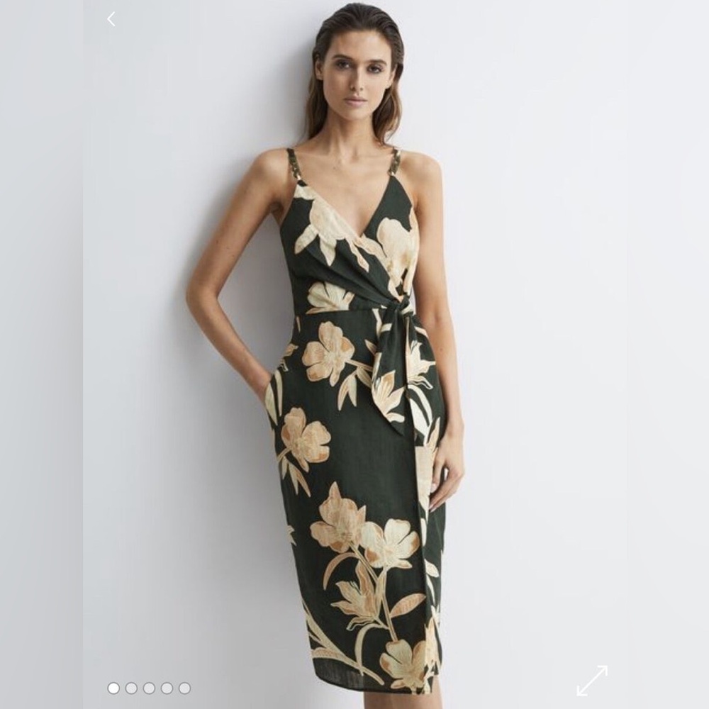 🛑SOLD🛑 REISS Alice Fitted Floral Print Midi Dress in Khaki Size 4 - Picture 11 of 12